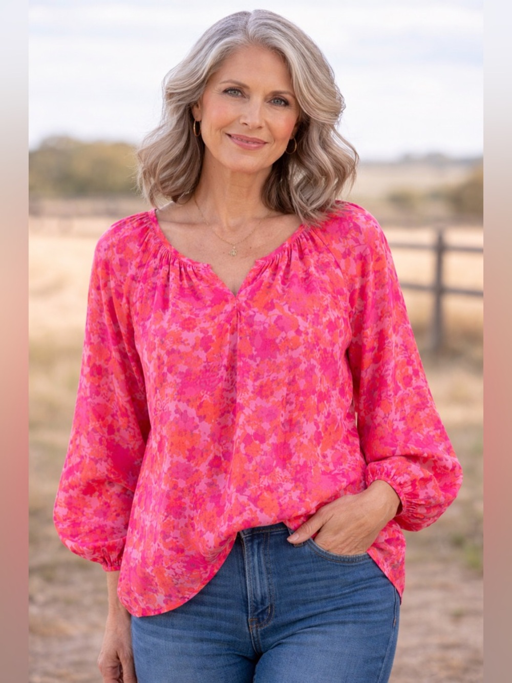 The Pioneer Woman Hot Pink and Coral Floral Peasant Blouse XL Prairie Boho